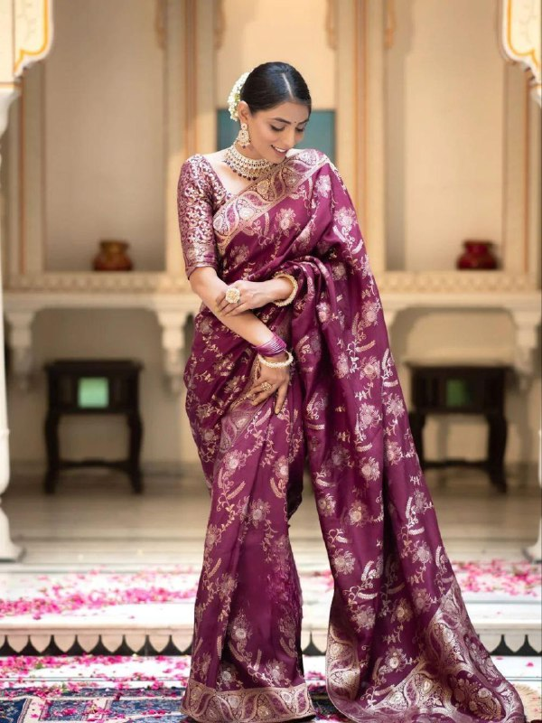 Wine Banarasi Silk Saree