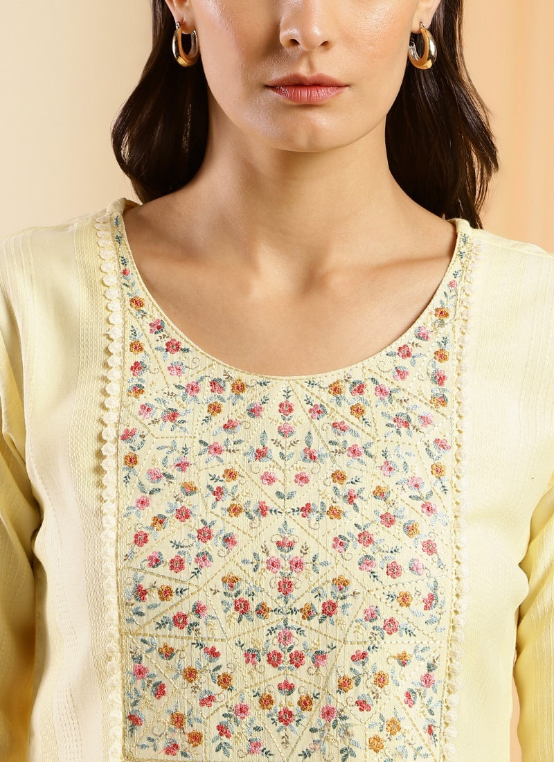 Light Yellow Cotton Embroidered Short Kurti-2