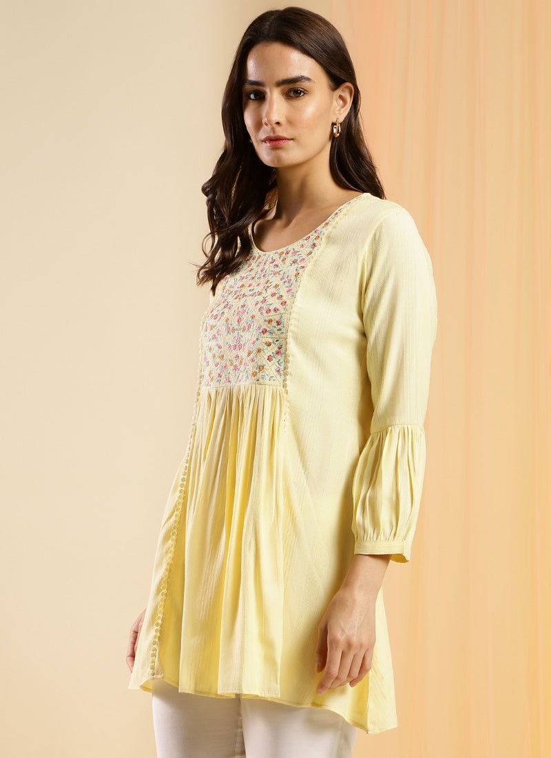 Light Yellow Cotton Embroidered Short Kurti