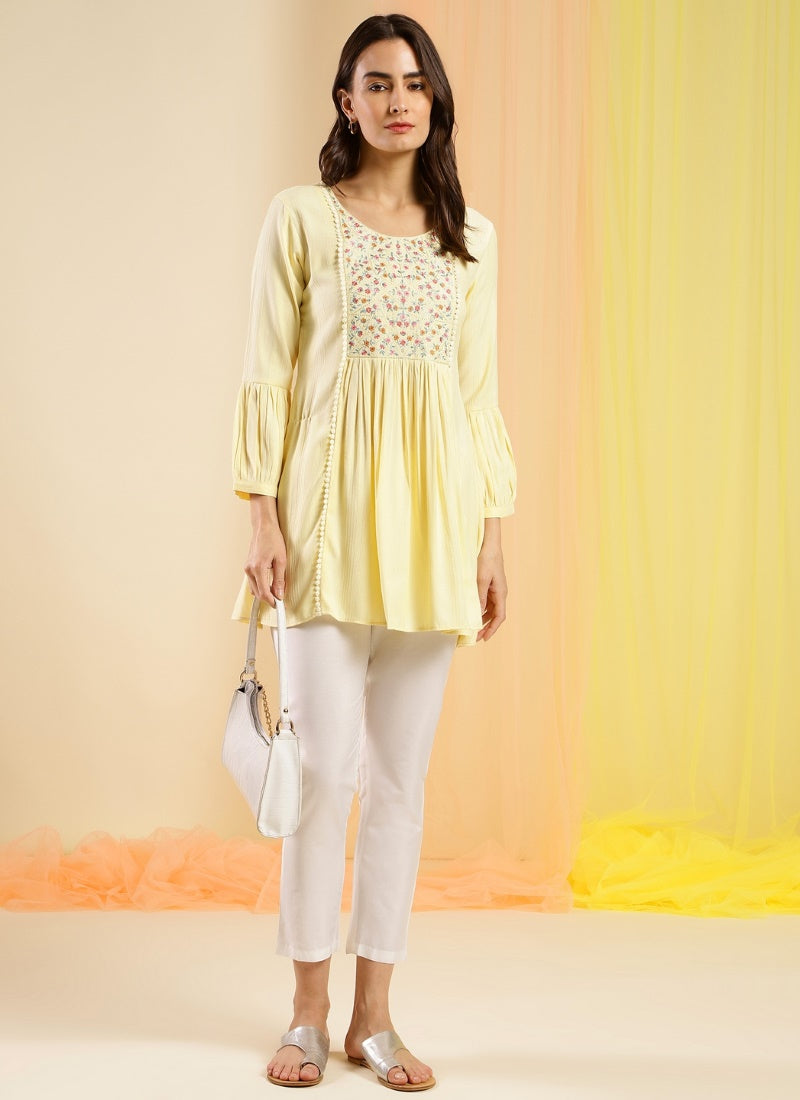 Light Yellow Cotton Embroidered Short Kurti-2