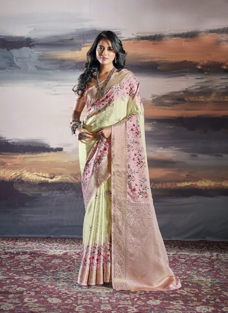 Light Yellow Satin Silk Embroidered Saree