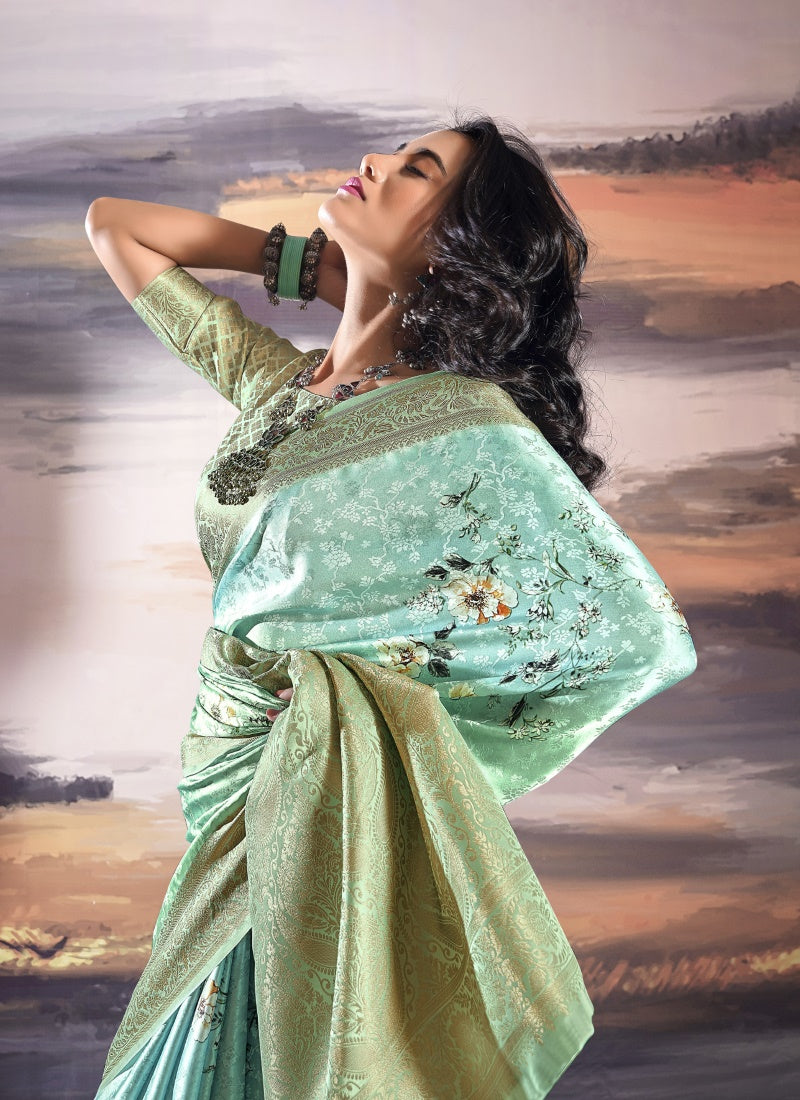 Sea Green Satin Silk Embroidered Saree-2