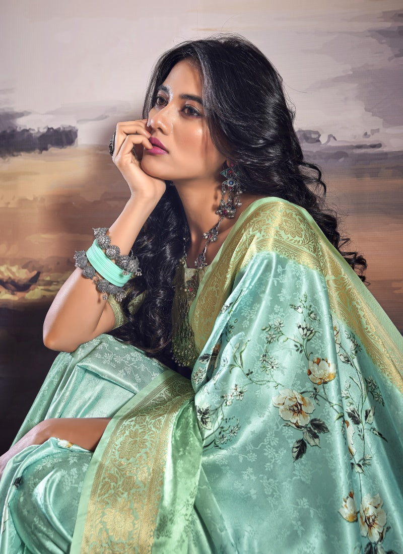 Sea Green Satin Silk Embroidered Saree-2