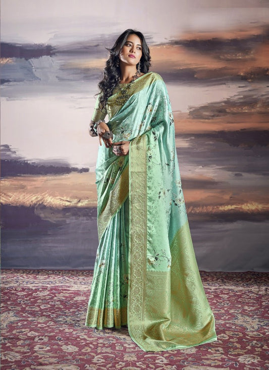 Sea Green Satin Silk Embroidered Saree