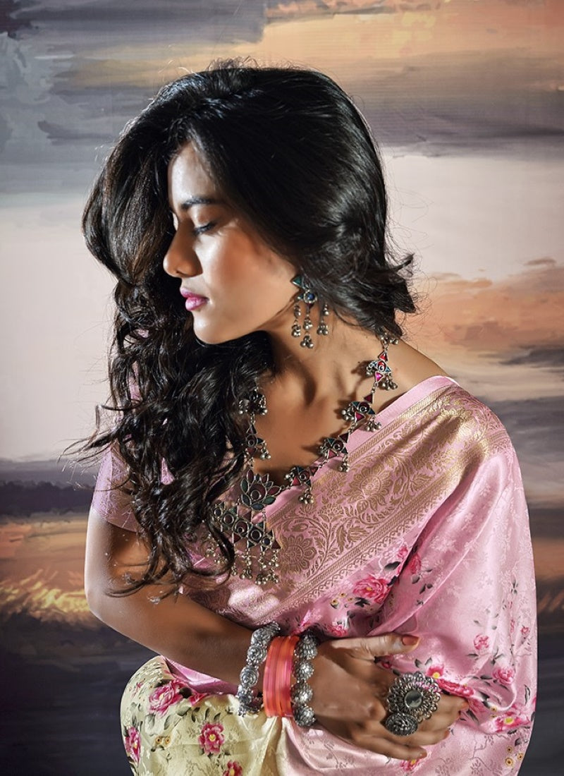 Pink Satin Silk Embroidered Saree-2