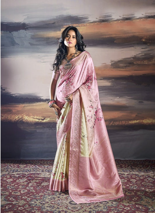 Pink Satin Silk Embroidered Saree