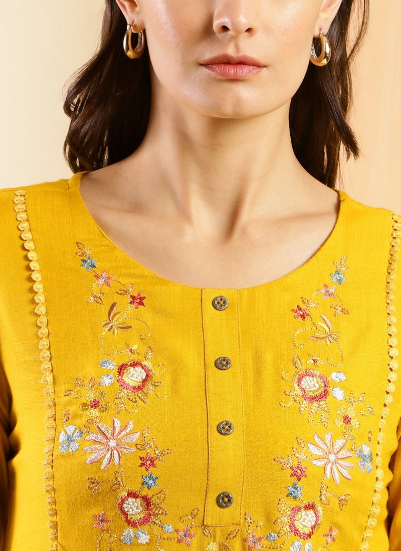 Yellow Cotton Embroidered Short Kurti-2