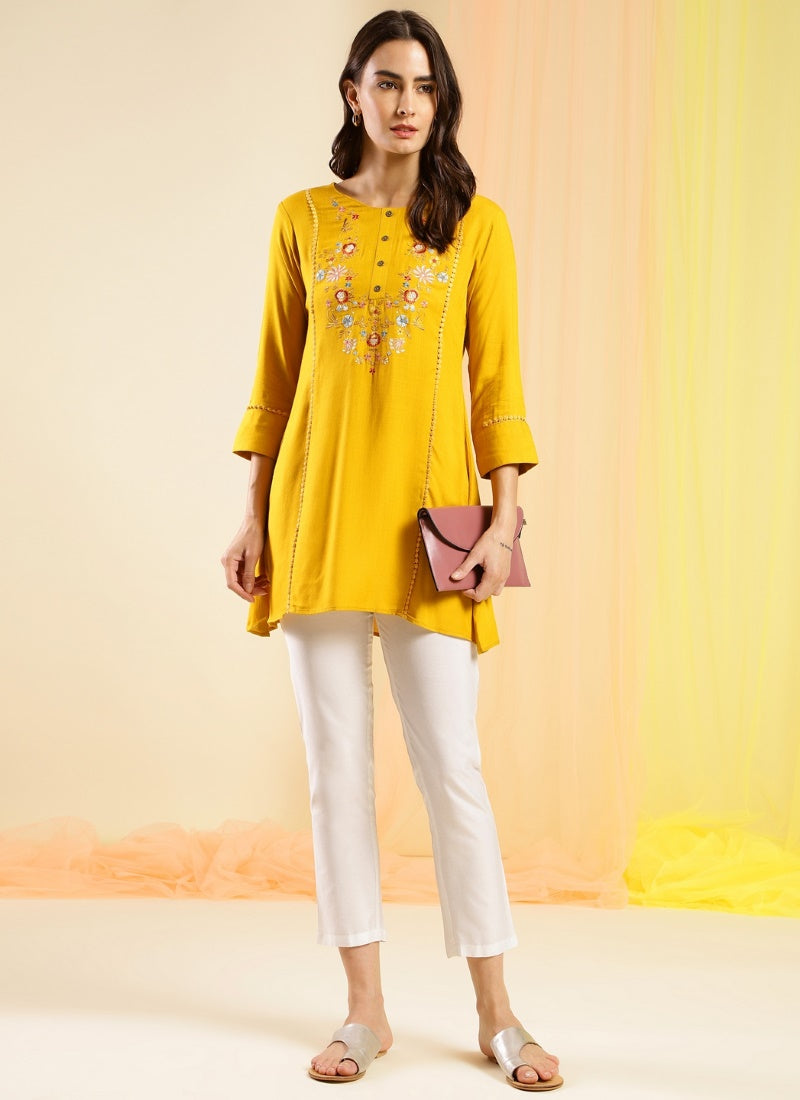 Yellow Cotton Embroidered Short Kurti-2