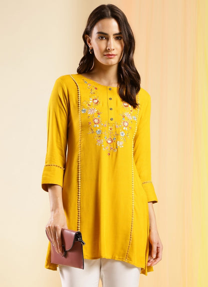 Yellow Cotton Embroidered Short Kurti