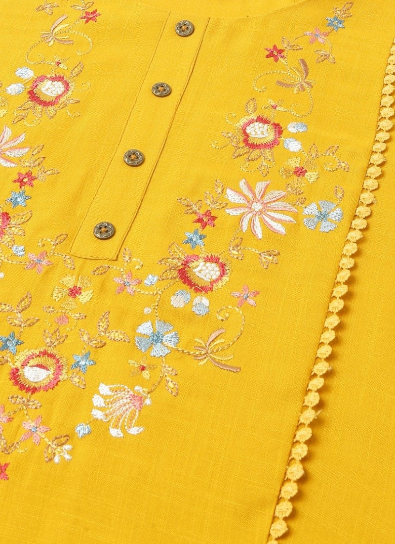 Yellow Cotton Embroidered Short Kurti-2