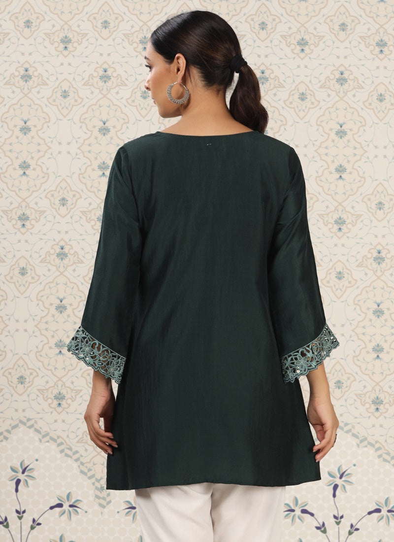 Green Chinon Short Embroidered Kurti-2