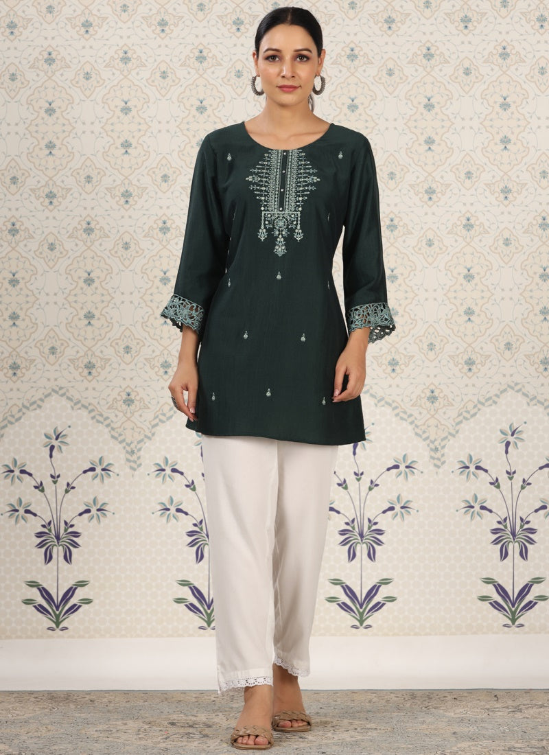 Green Chinon Short Embroidered Kurti