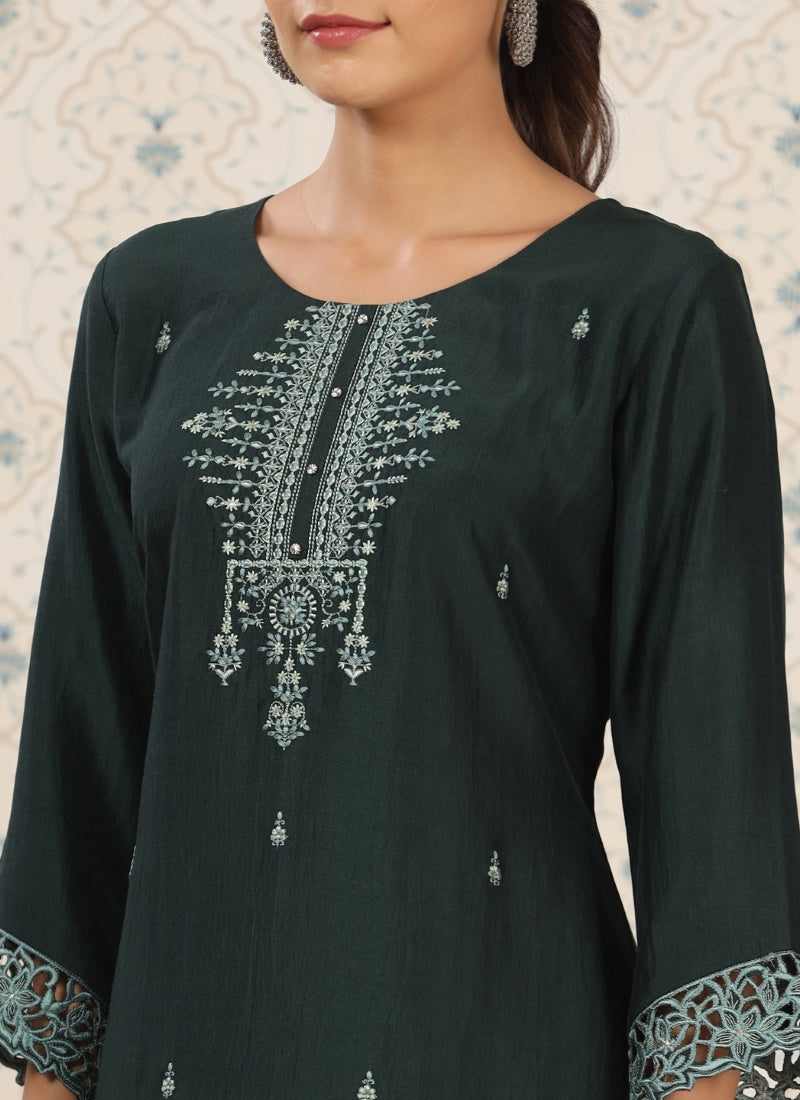 Green Chinon Short Embroidered Kurti-2