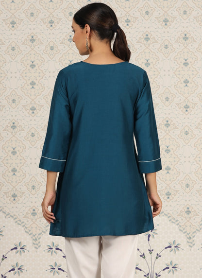 Teal Chinon Short Embroidered Kurti-2