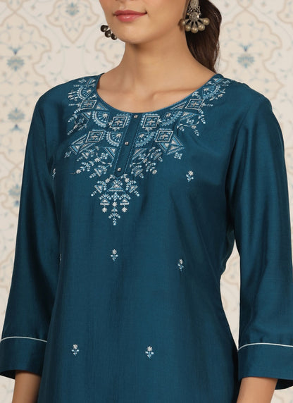 Teal Chinon Short Embroidered Kurti-2