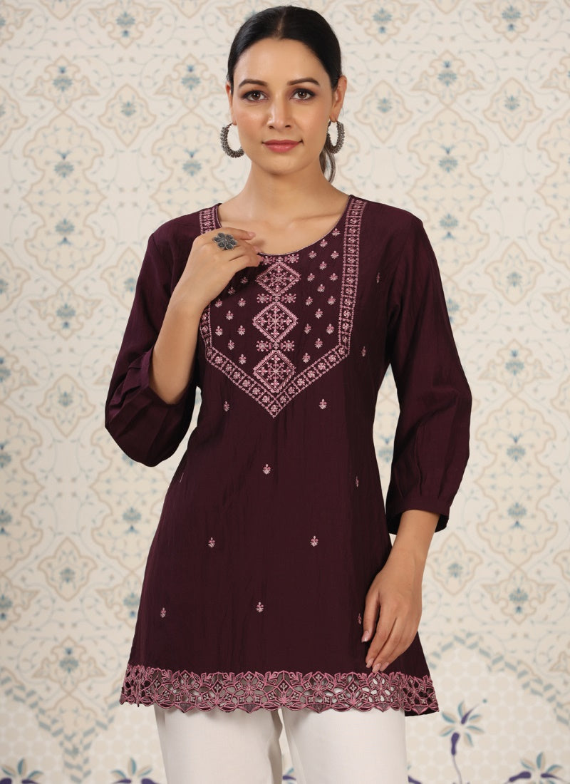 Purple Chinon Short Embroidered Kurti-2