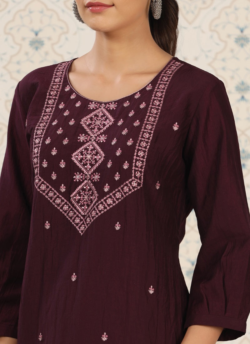 Purple Chinon Short Embroidered Kurti-2