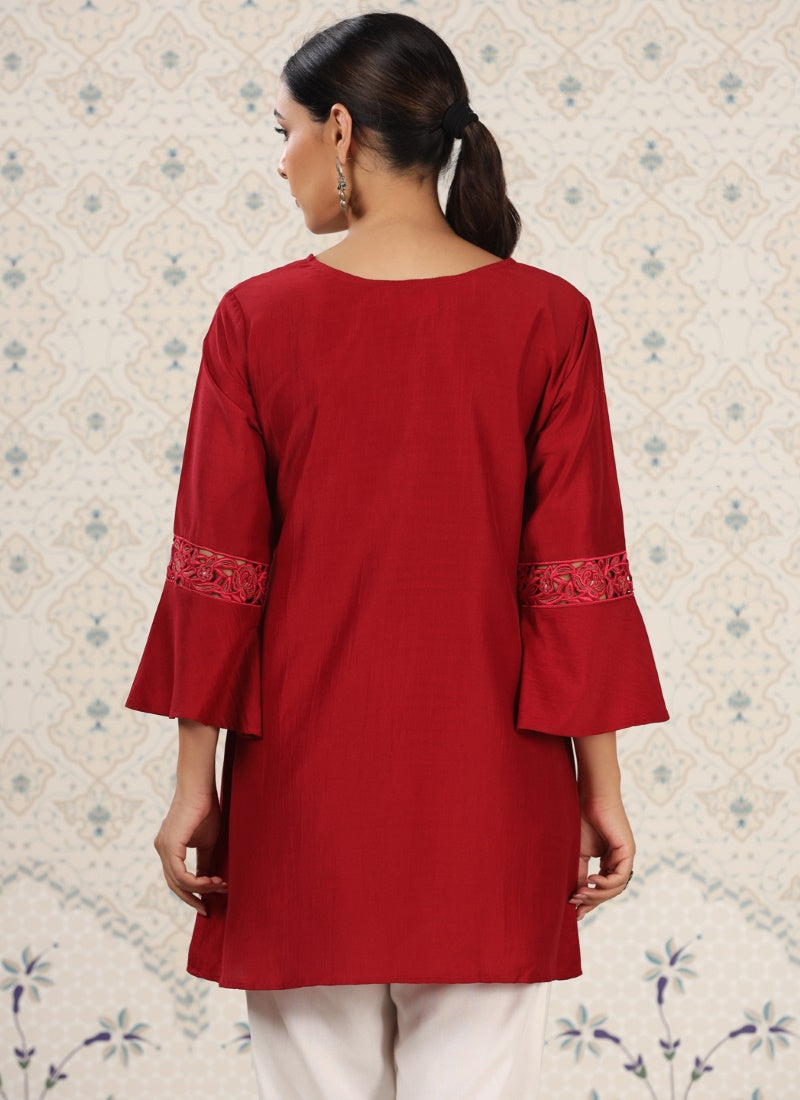 Red Chinon Short Embroidered Kurti-2