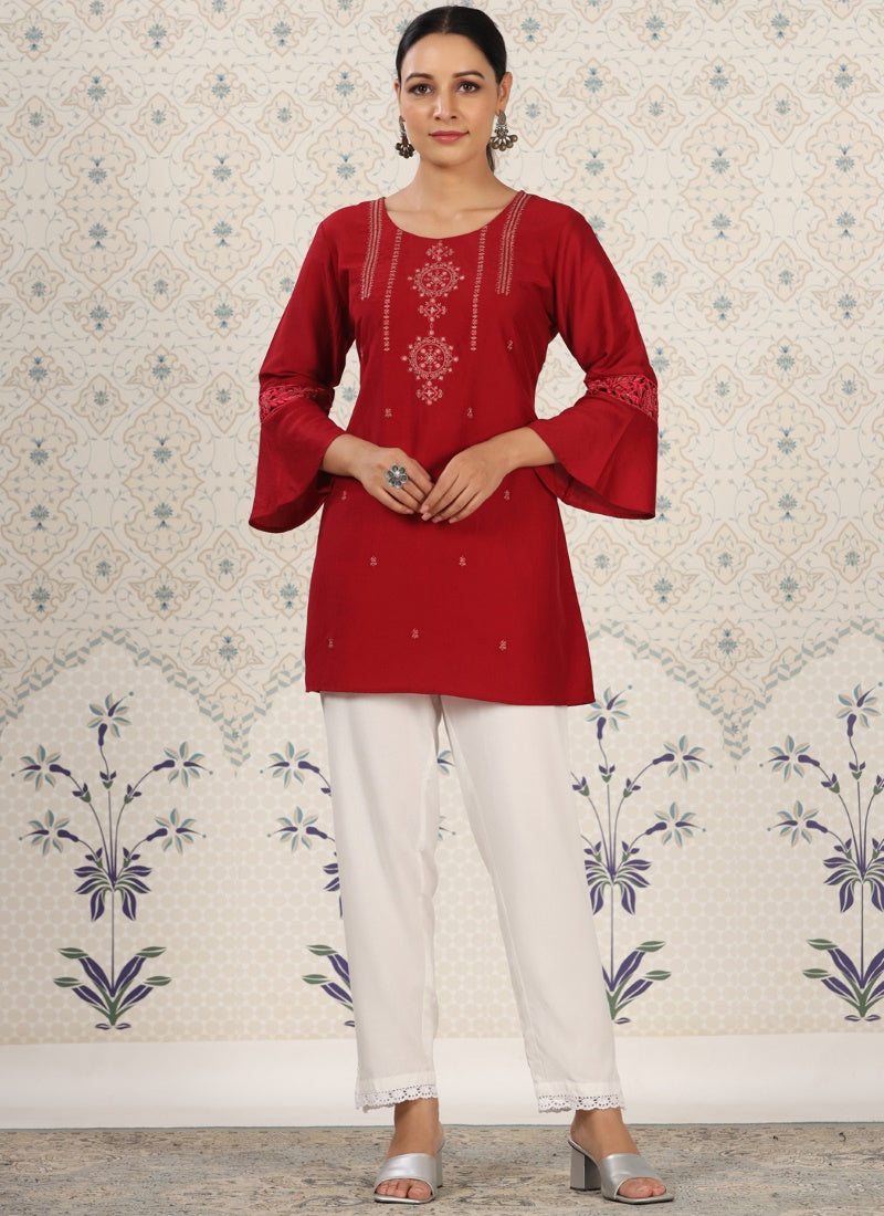 Red Chinon Short Embroidered Kurti-2