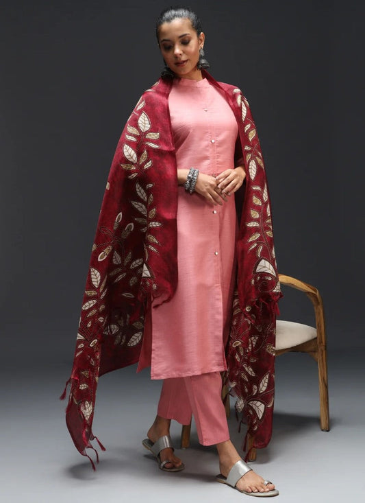 Pink Silk Straight Cut Salwar Suit With Embroidery Work