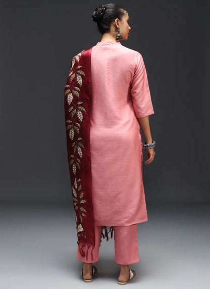 Pink Silk Straight Cut Salwar Suit With Embroidery Work