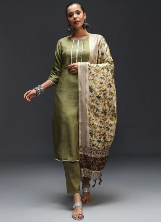 Olive Green Silk Straight Cut Salwar Suit With Embroidery Work