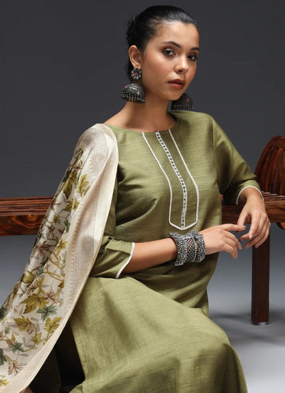 Olive Green Silk Straight Cut Salwar Suit With Embroidery Work-2