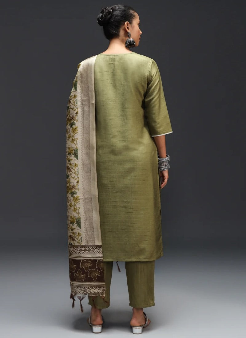 Olive Green Silk Straight Cut Salwar Suit With Embroidery Work