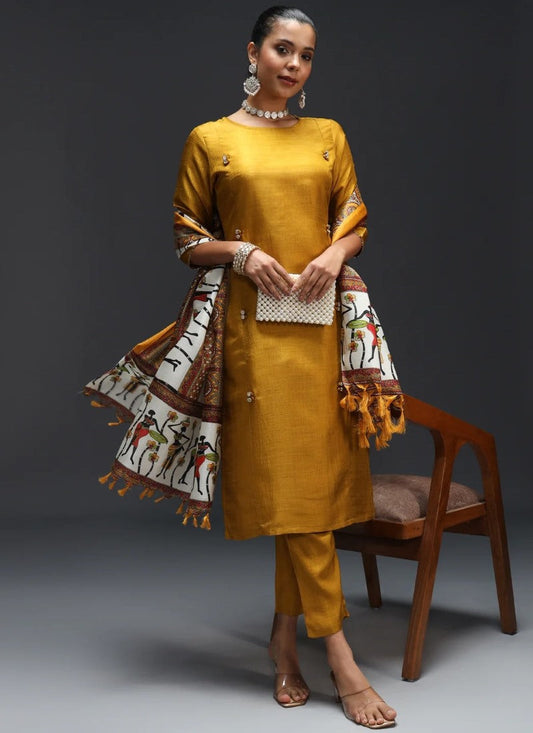 Mustard Yellow Silk Straight Cut Salwar Suit With Embroidery Work
