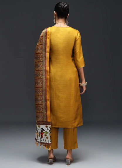 Mustard Yellow Silk Straight Cut Salwar Suit With Embroidery Work