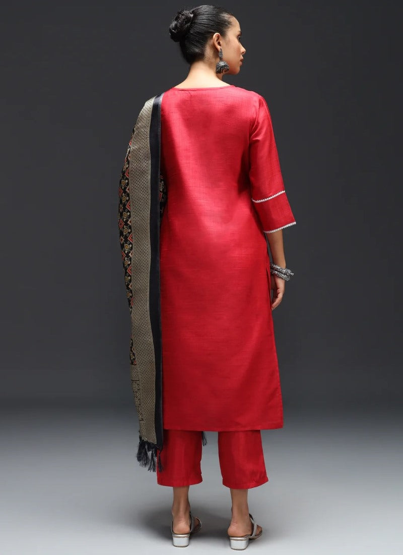 Red Silk Straight Cut Salwar Suit With Embroidery Work