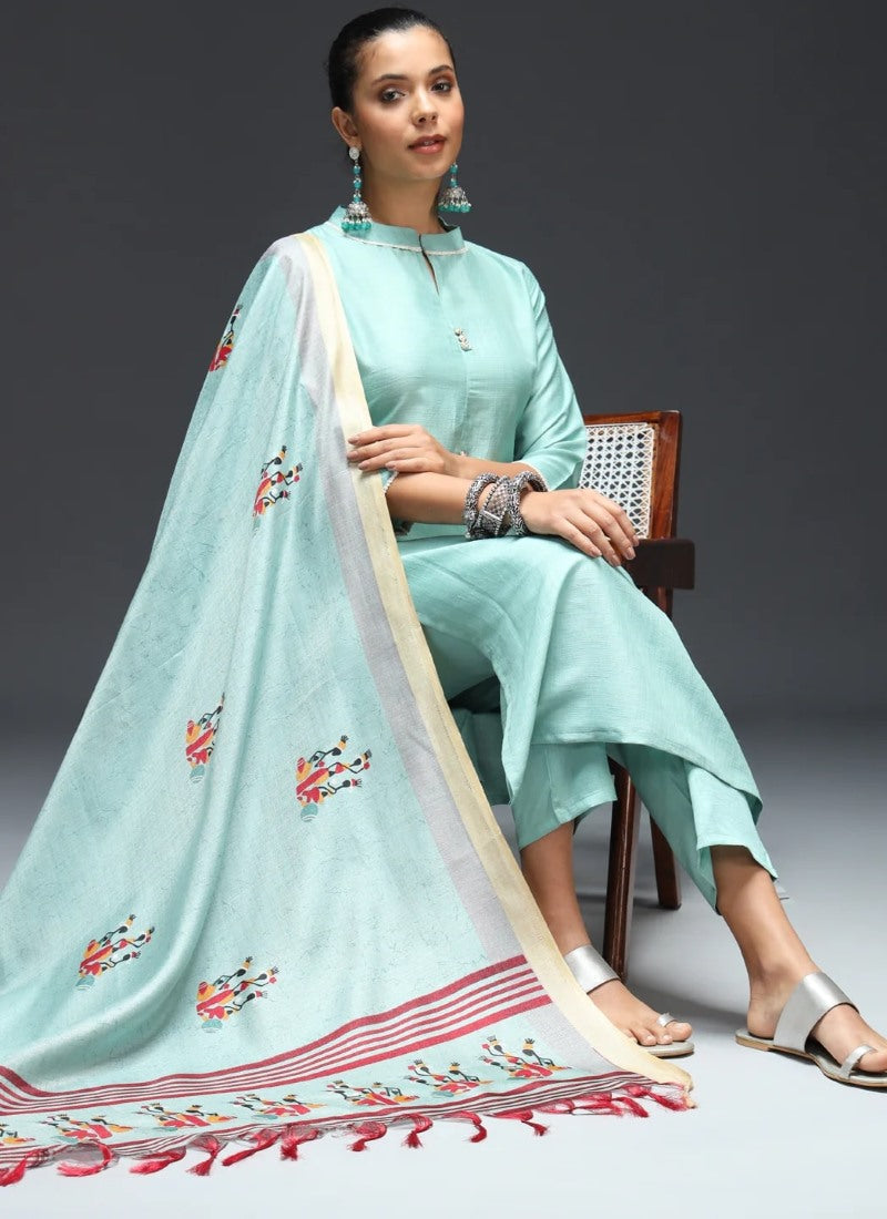 Sky Blue Silk Straight Cut Salwar Suit With Embroidery Work