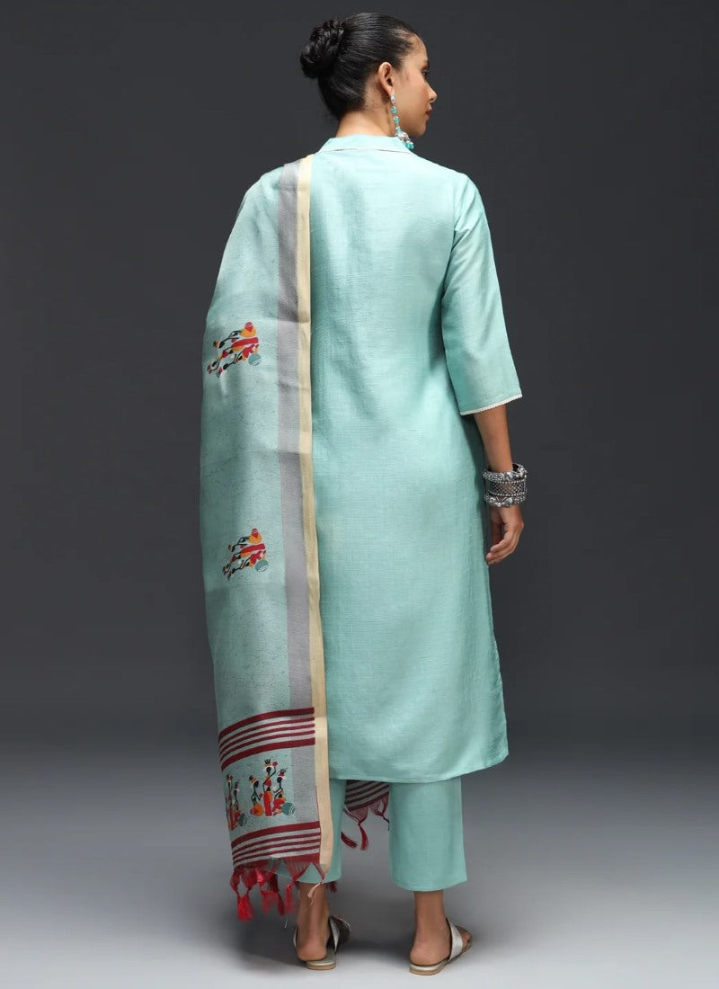 Sky Blue Silk Straight Cut Salwar Suit With Embroidery Work