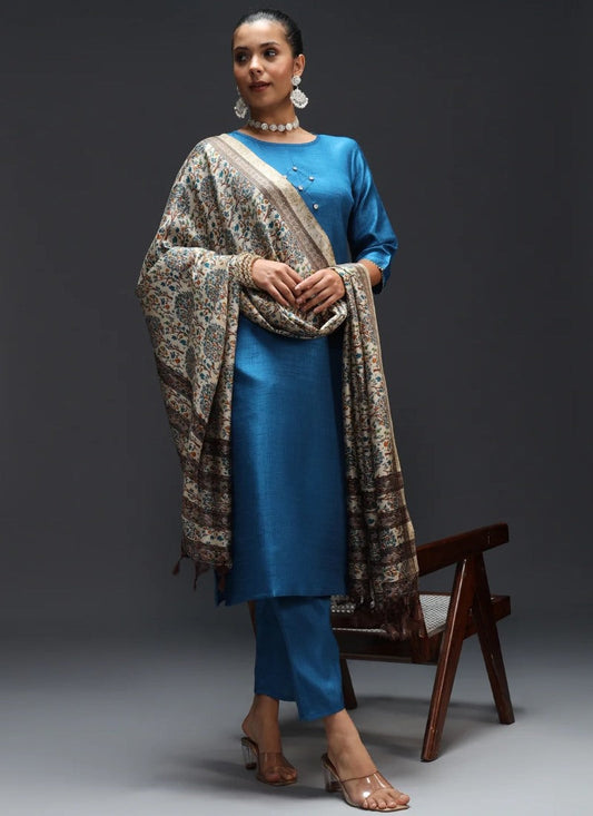 Blue Silk Straight Cut Salwar Suit With Embroidery Work