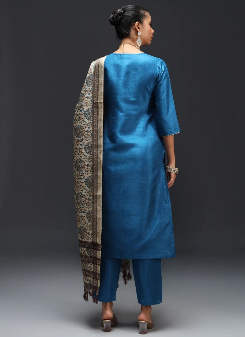 Blue Silk Straight Cut Salwar Suit With Embroidery Work