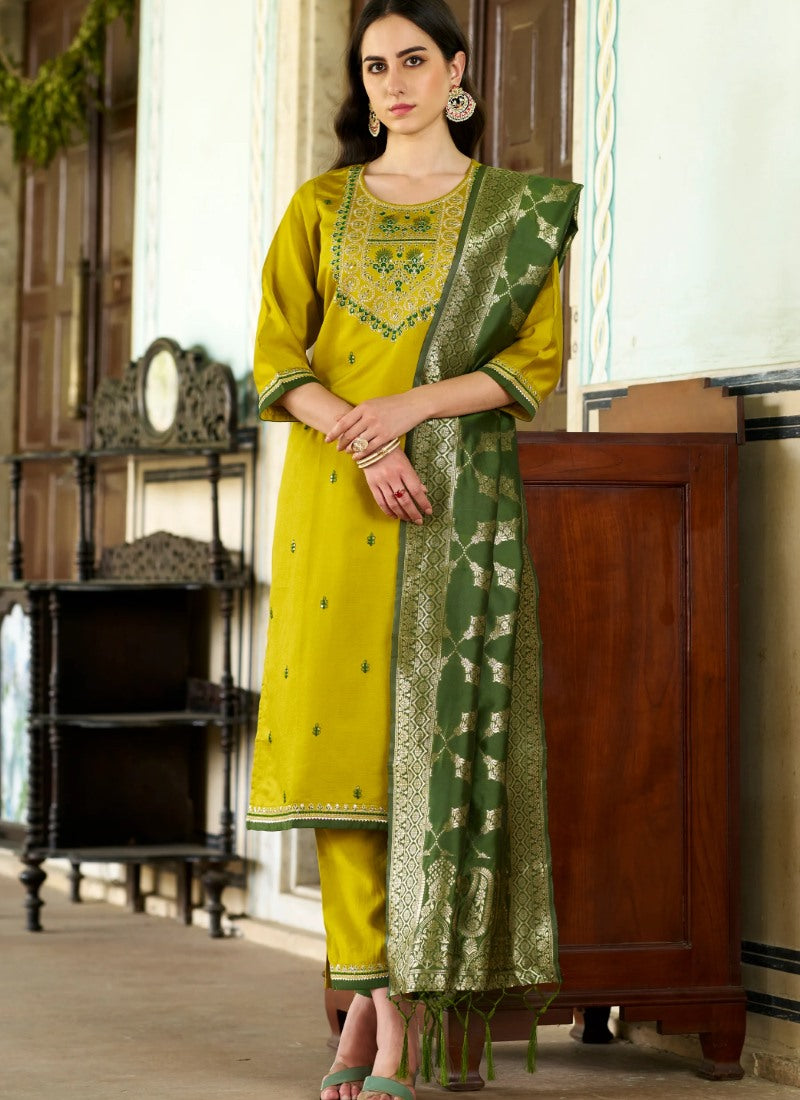 Yellow Rayon Salwar Suit With Embroidery Work