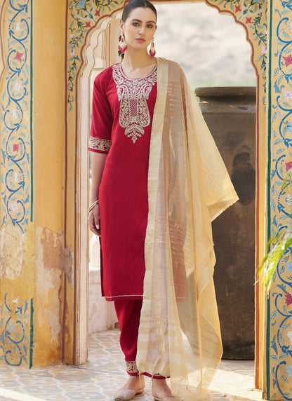 Red Rayon Salwar Kameez With Embroidery Work