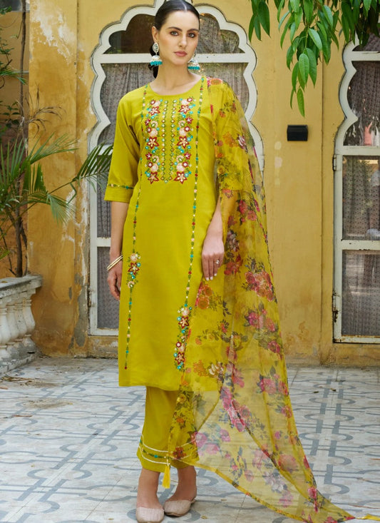 Yellow Rayon Salwar Kameez With Embroidery Work
