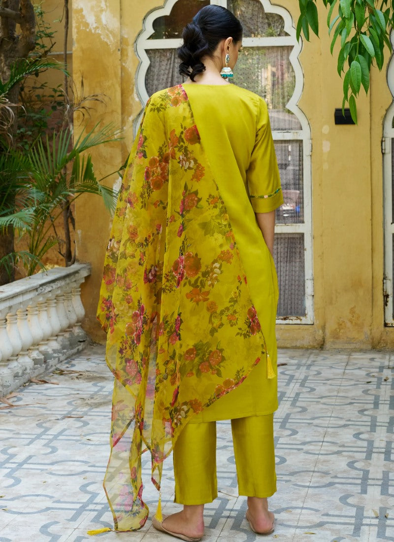 Yellow Rayon Salwar Kameez With Embroidery Work