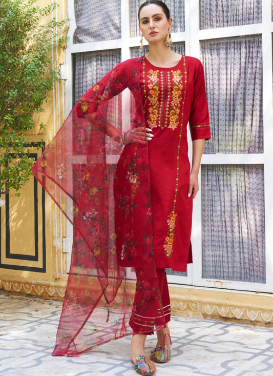 Red Rayon Salwar Kameez With Embroidery Work