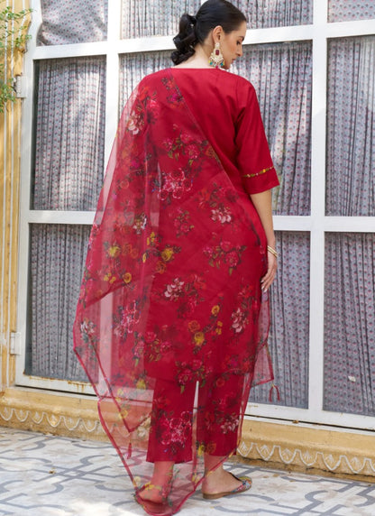 Red Rayon Salwar Kameez With Embroidery Work