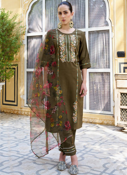 Brown Rayon Salwar Kameez With Embroidery Work