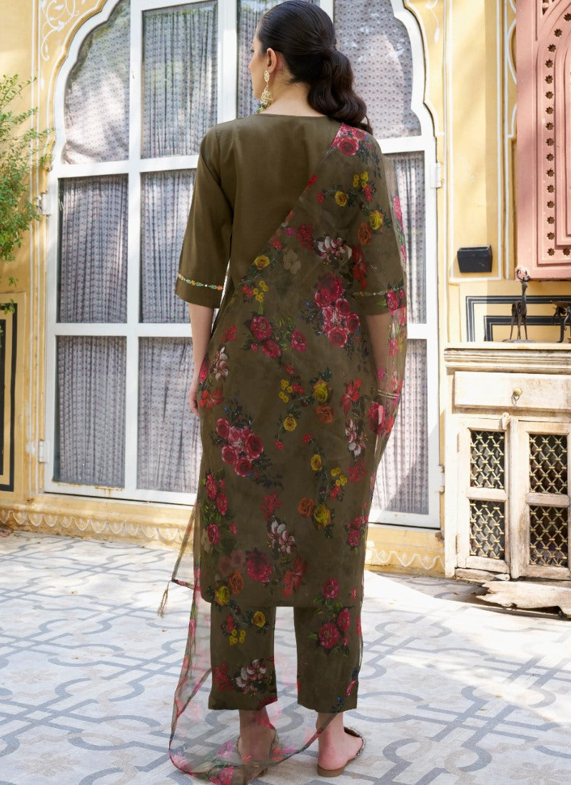 Brown Rayon Salwar Kameez With Embroidery Work