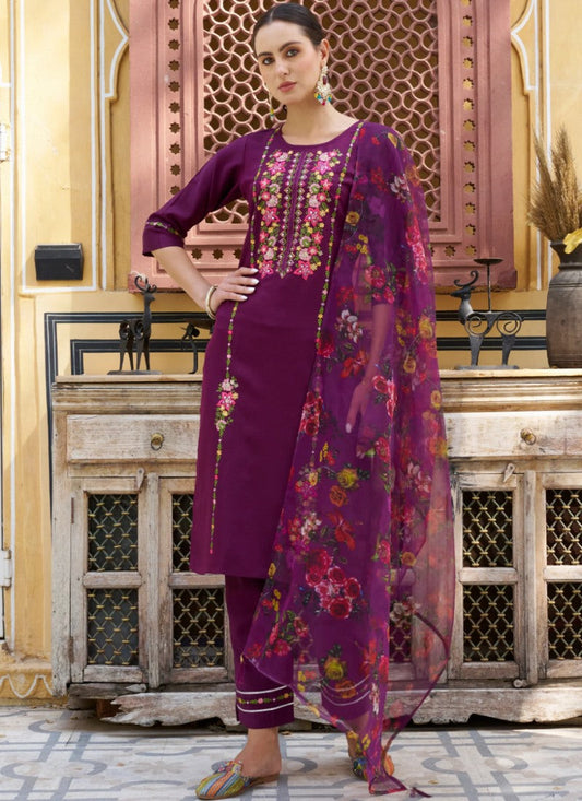 Purple Rayon Salwar Kameez With Embroidery Work