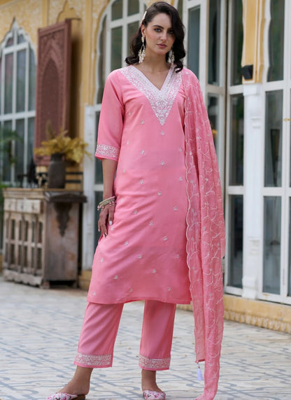 Pink Silk Salwar Suit With Embroidery Work