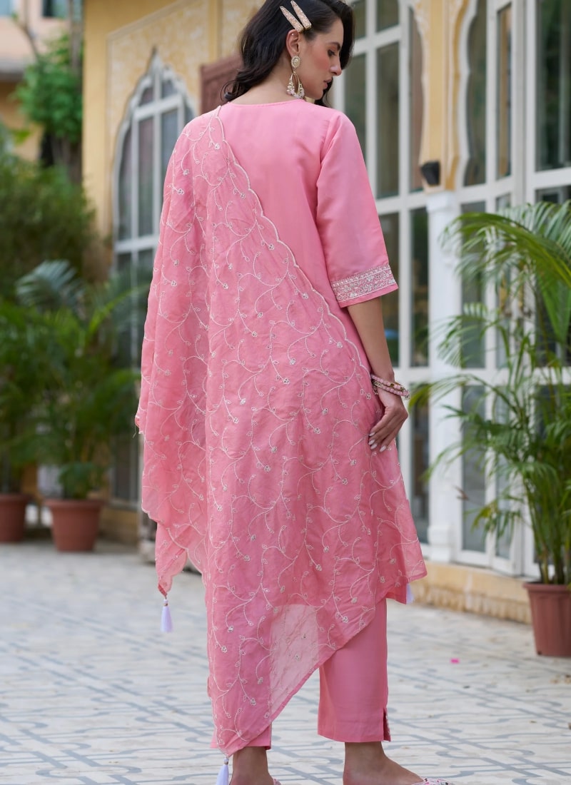 Pink Silk Salwar Suit With Embroidery Work