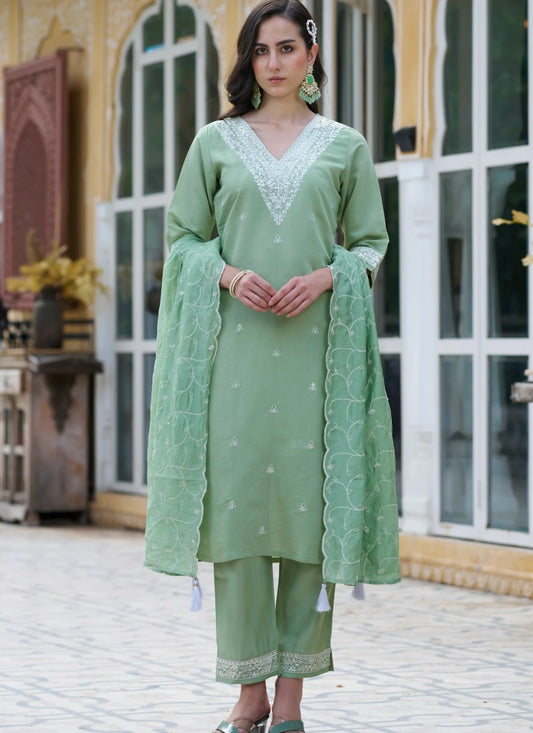 Pista Green Silk Salwar Suit With Embroidery Work
