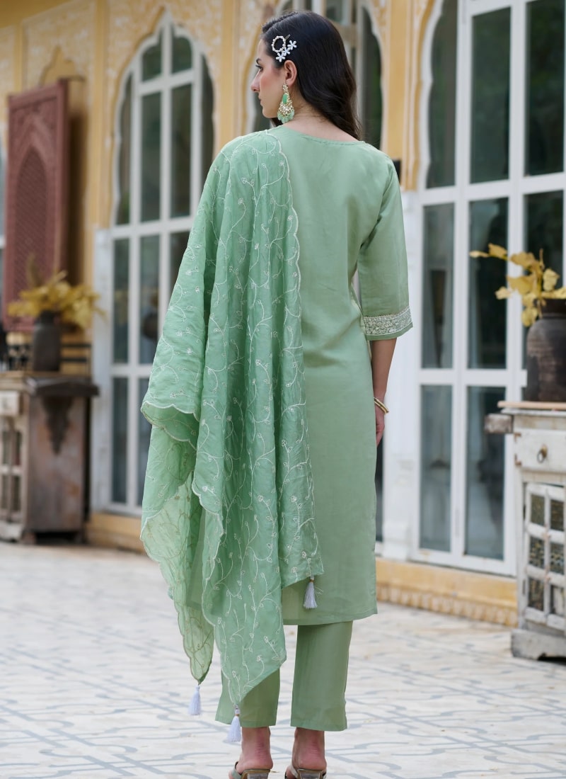 Pista Green Silk Salwar Suit With Embroidery Work