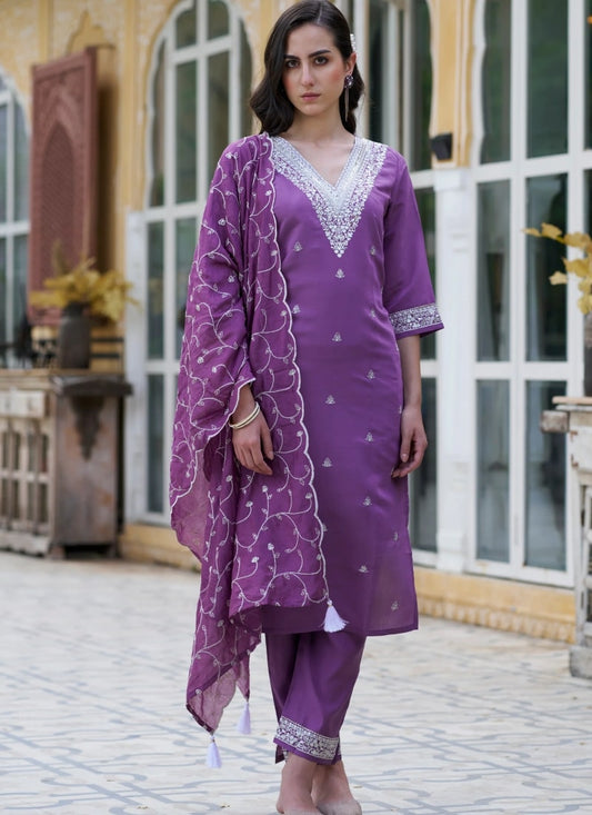 Voilet Silk Salwar Suit With Embroidery Work
