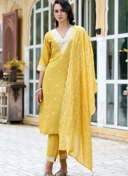 Yellow Silk Salwar Suit With Embroidery Work